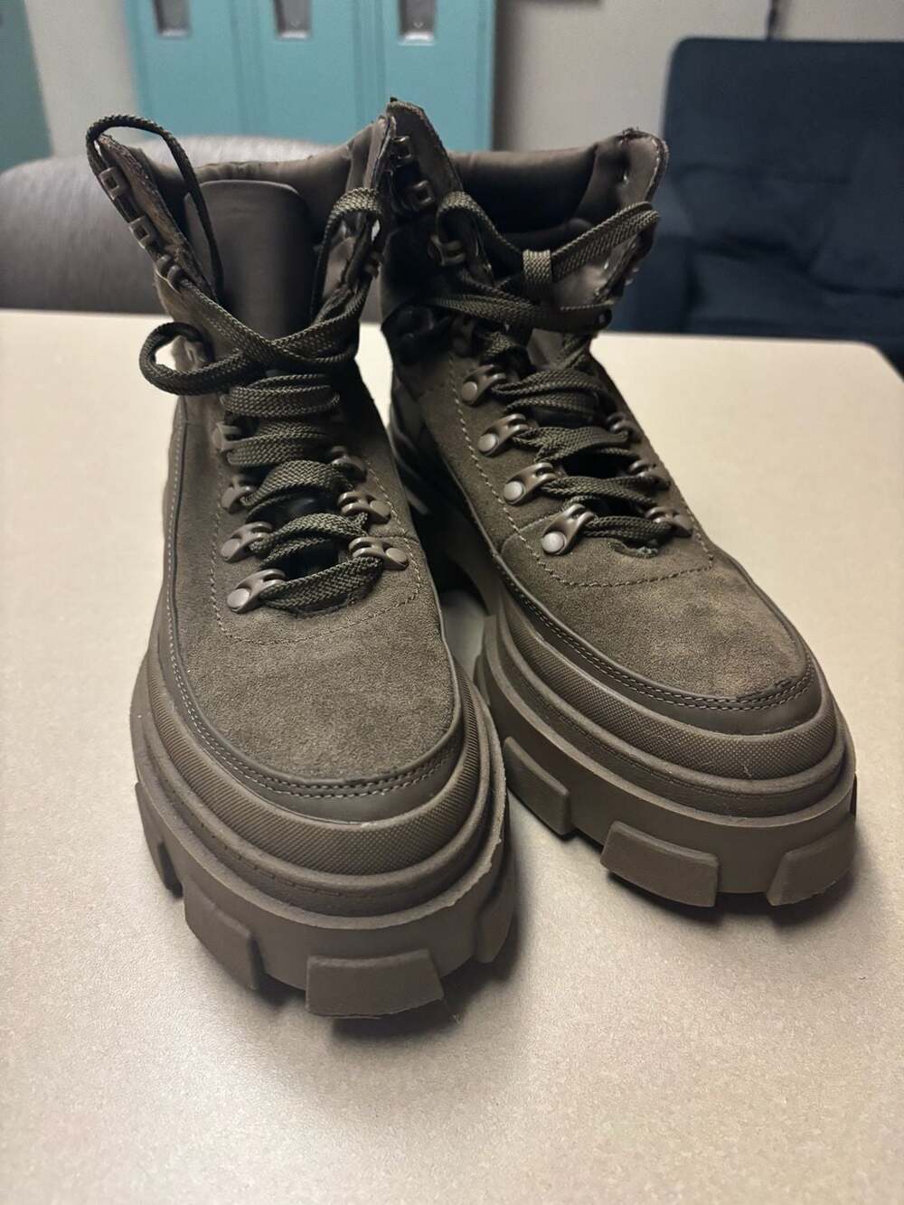 Zara Green Suede Lug Sole Hiking/Combat Boots Size EU 38